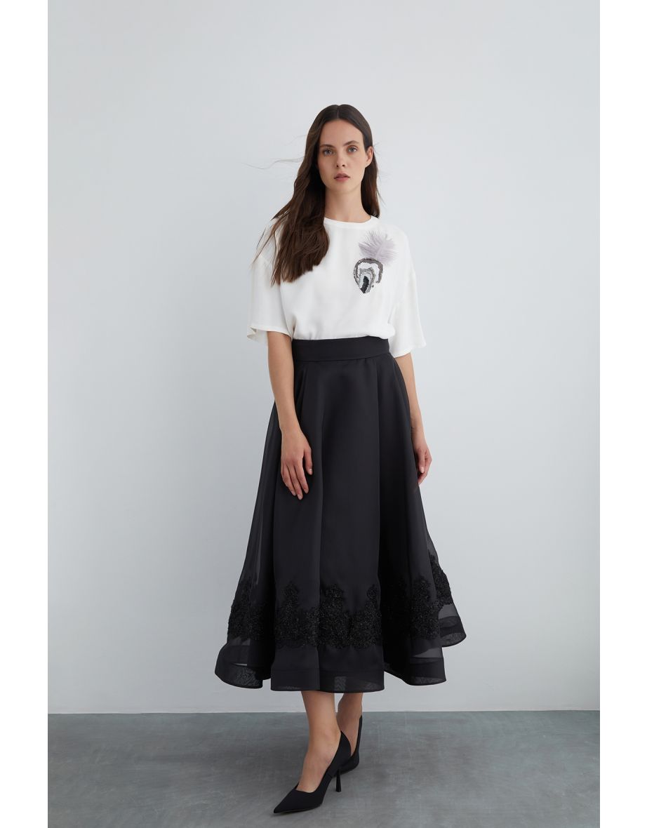 Black Organza Skirt with Lace Detail