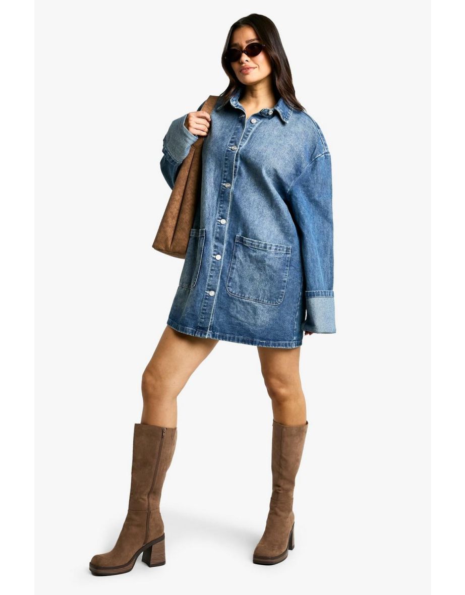 Tall Utility Turn Cuff Denim Oversized Shirt  Dress - blue