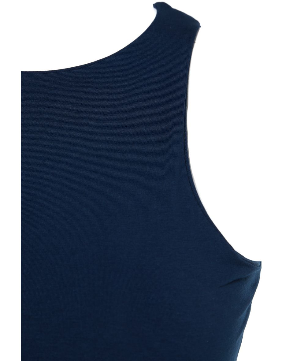 Navy Blue Cotton Halter Neck Fitted/Slippery Knitted Undershirt - 7