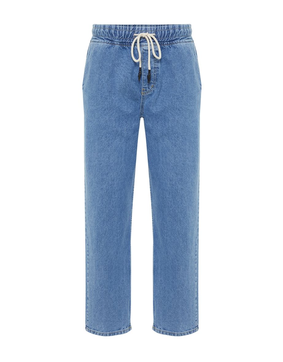 Men's Blue Elastic Waist Wide Fit Denim Trousers Jeans - 7