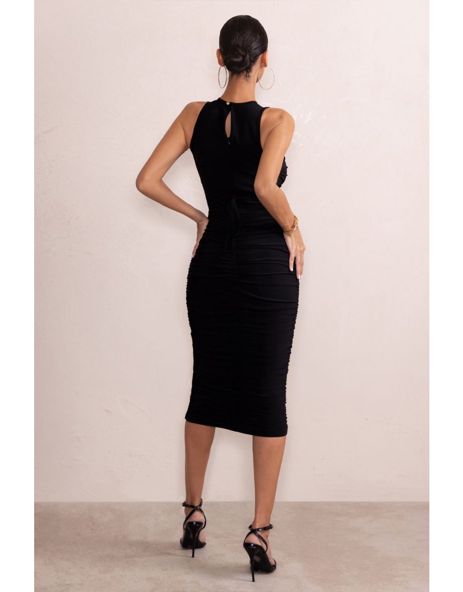 Enya | Black High Neck Cut Out Multi Strap Mesh Midi Dress - 4