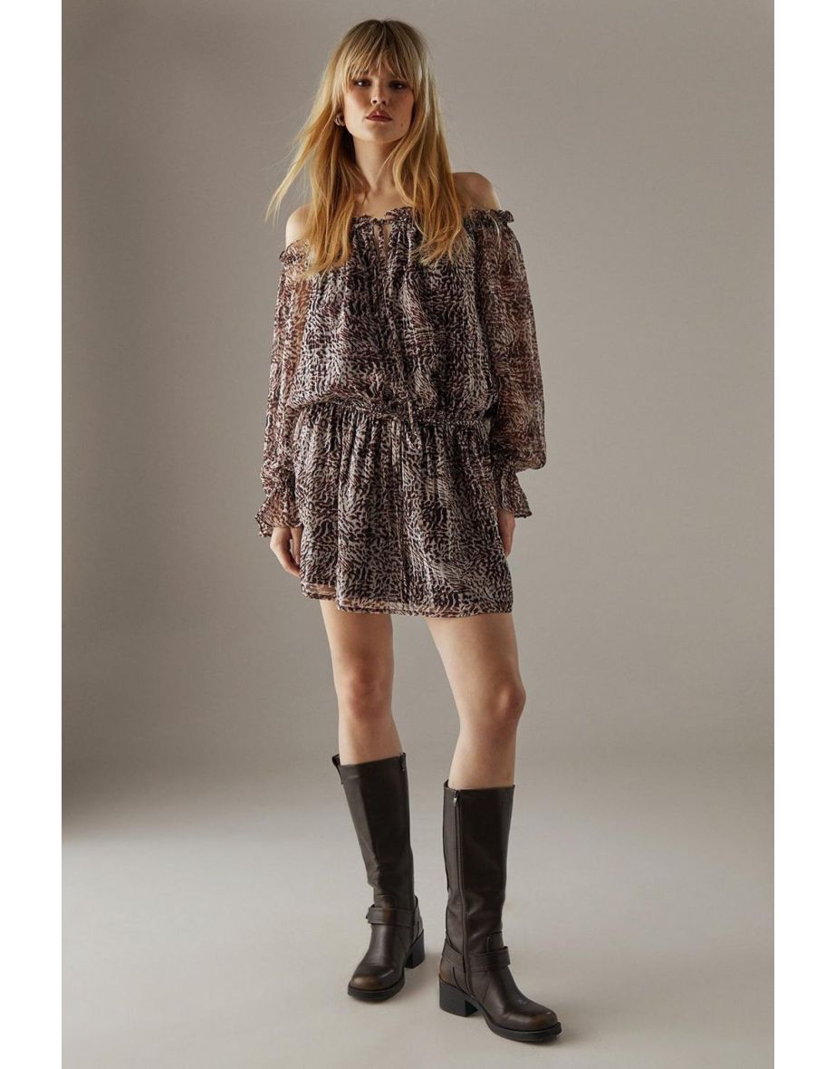 Metallic Chiffon Bardot Drop Waist Mini Dress