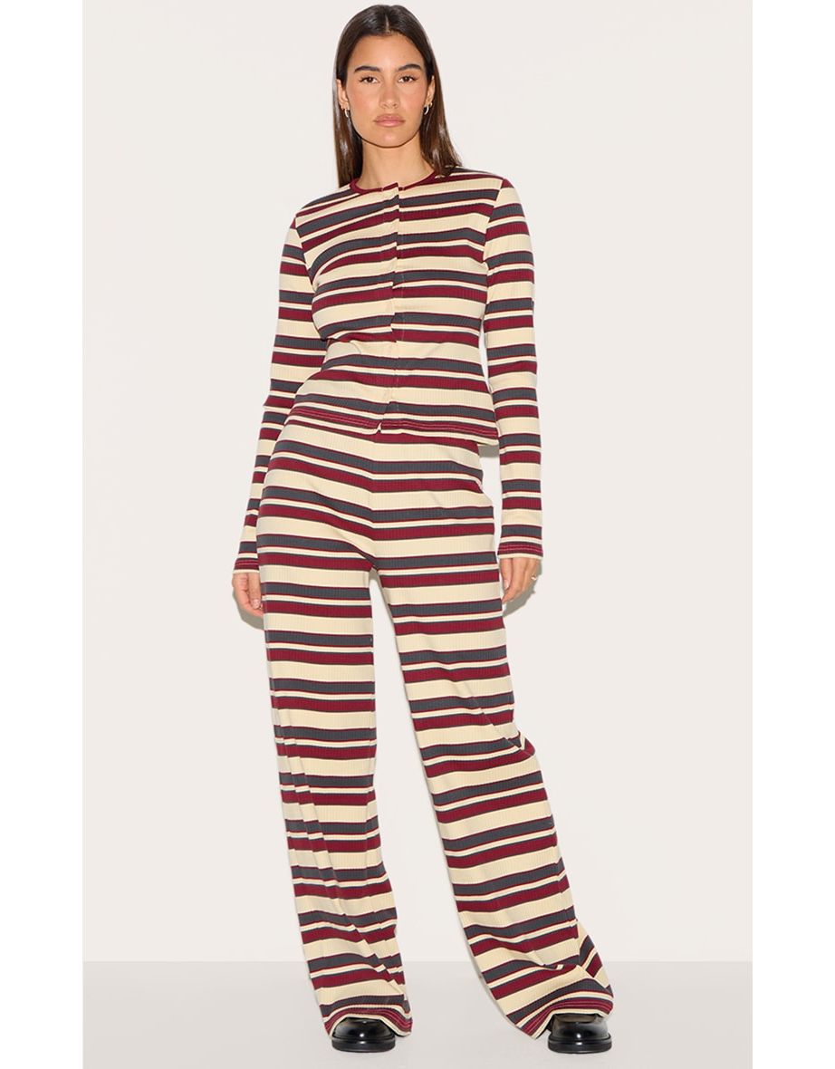 Burgundy Striped Mid Rise Ribbed Skinny Flares
