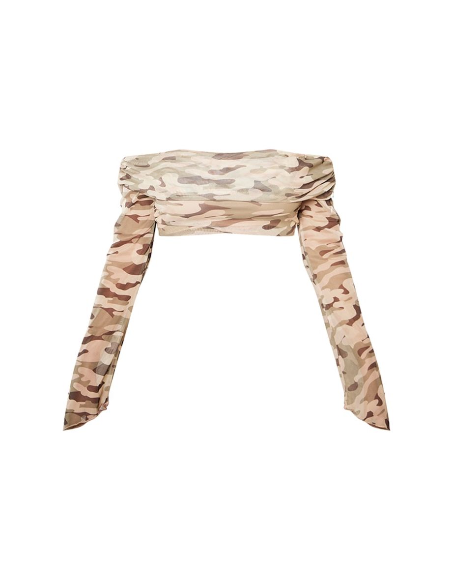 Shape Green Camo Printed Mesh Bardot Long Sleeve Crop Top - 4