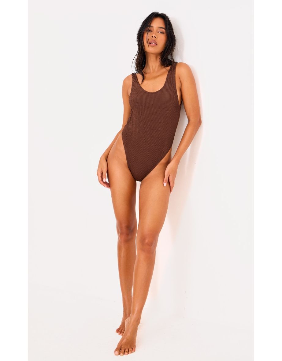 Brown Crinkle Scoop Back Swimsuit