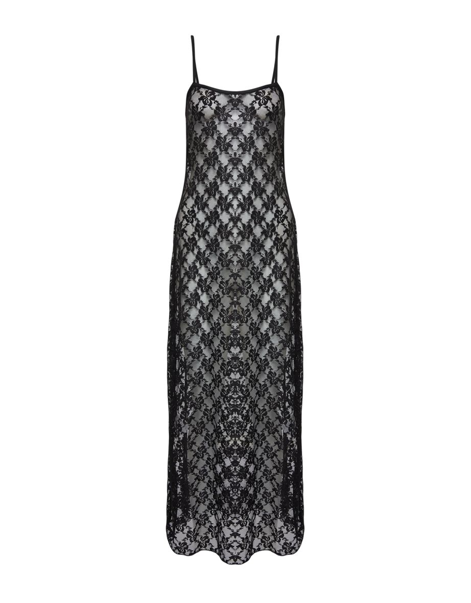 Black Lace Straps Fitted Flexible Knitted Maxi Dress - 7