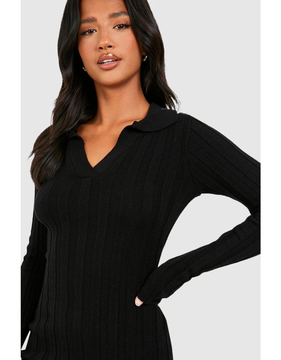 Petite Jumbo Rib Collared Mini Dress - black - 3