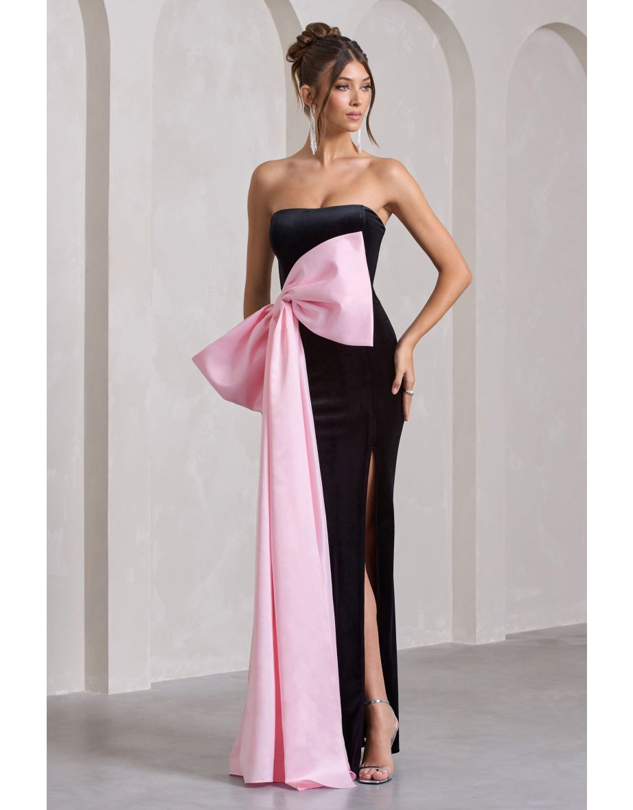 Best Wishes | Black Velvet Bandeau Split Maxi Dress With Oversized Pink Bow
