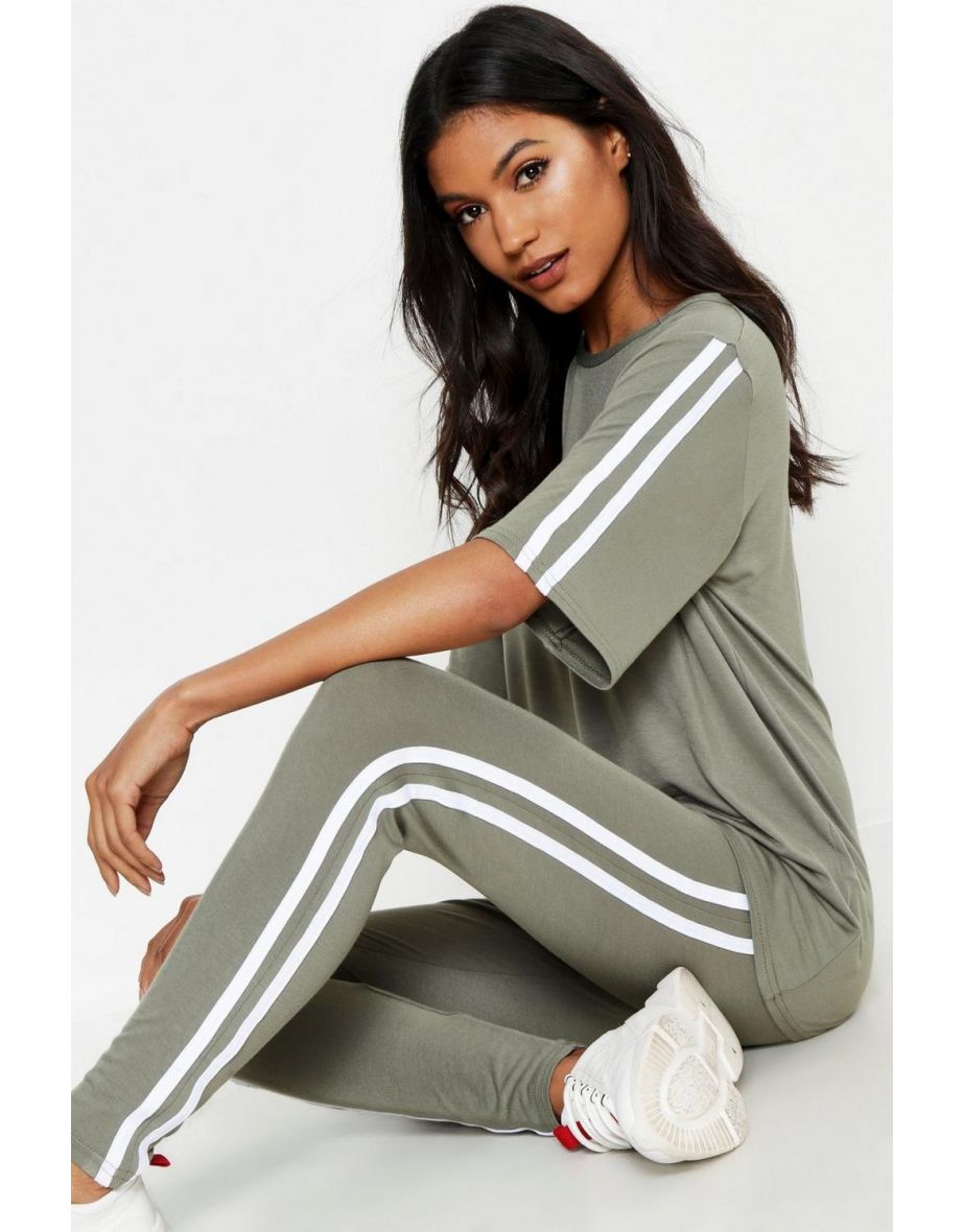 Short Sleeve Side Stripe Lounge Set - khaki