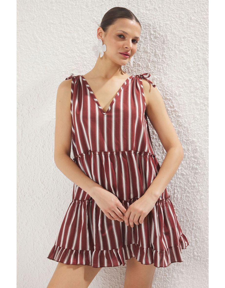 Multi-Colored Striped Wide Pattern Mini Woven Ruffle 100% Cotton Beach Dress