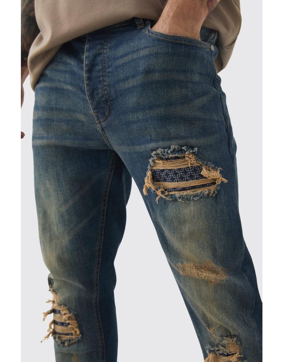 Skinny Stretch Stacked Bandana Rip & Repair Jeans - antique blue - 2