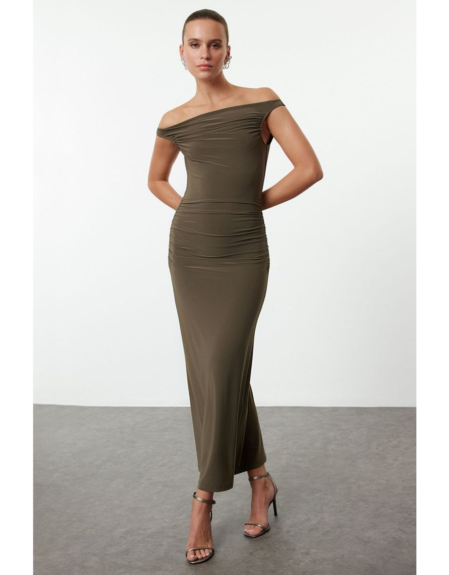 Khaki Body-fitting Carmen Collar Knitted Dress