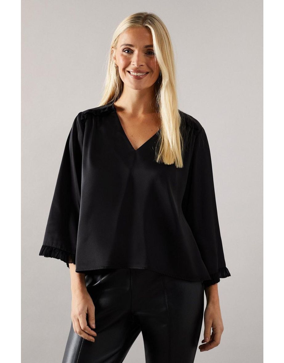 Petite Satin Flute Sleeve Frill Detail Blouse