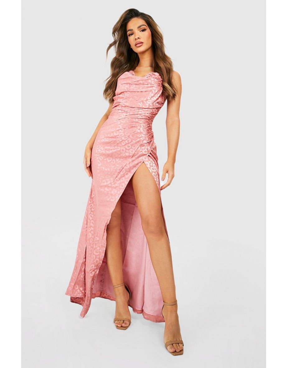 Satin Cowl Neck Ruched Maxi Dress - rose