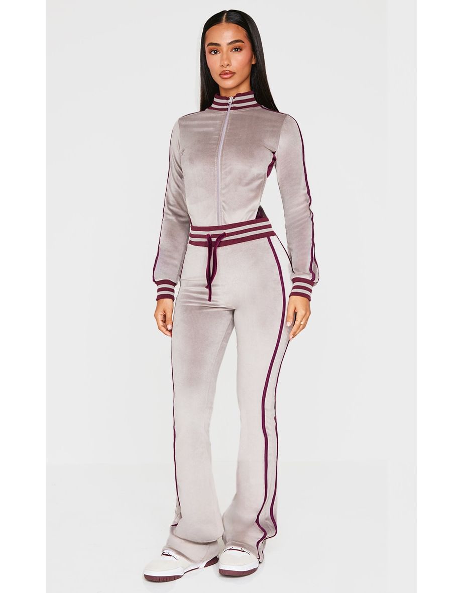 Petite Mauve Contrast Velour Wide Leg Trousers