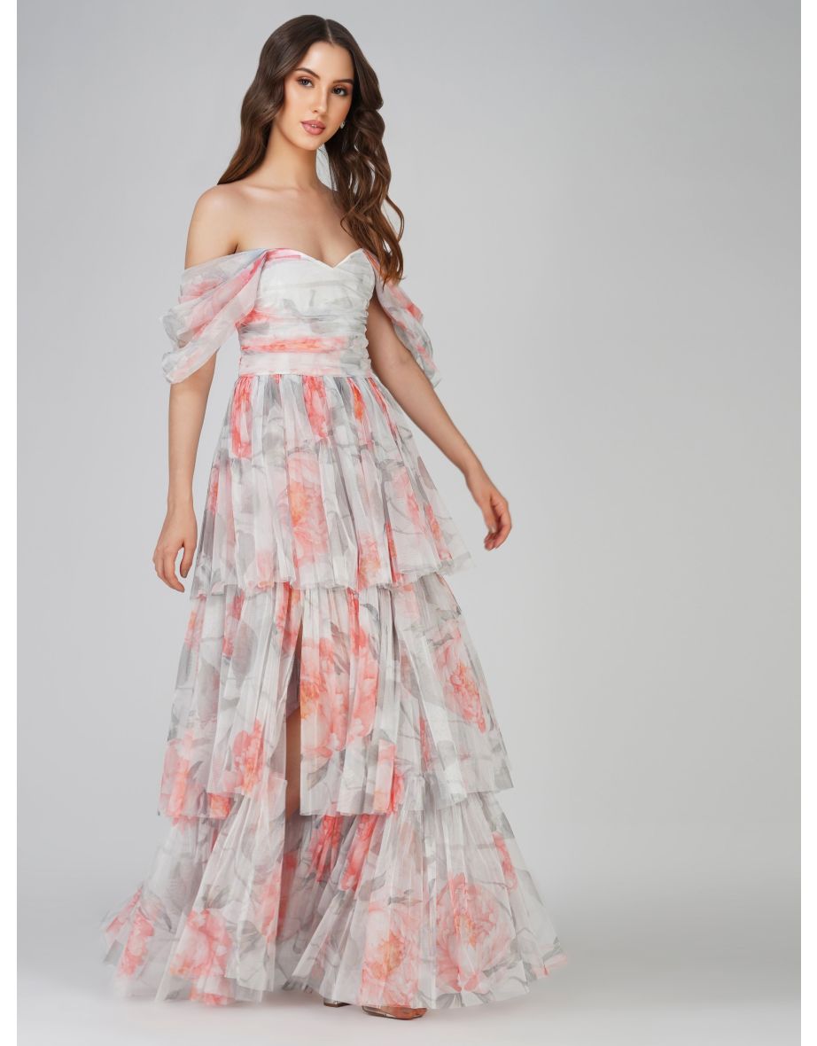 Sydney Tulle Maxi Dress in Peach Floral