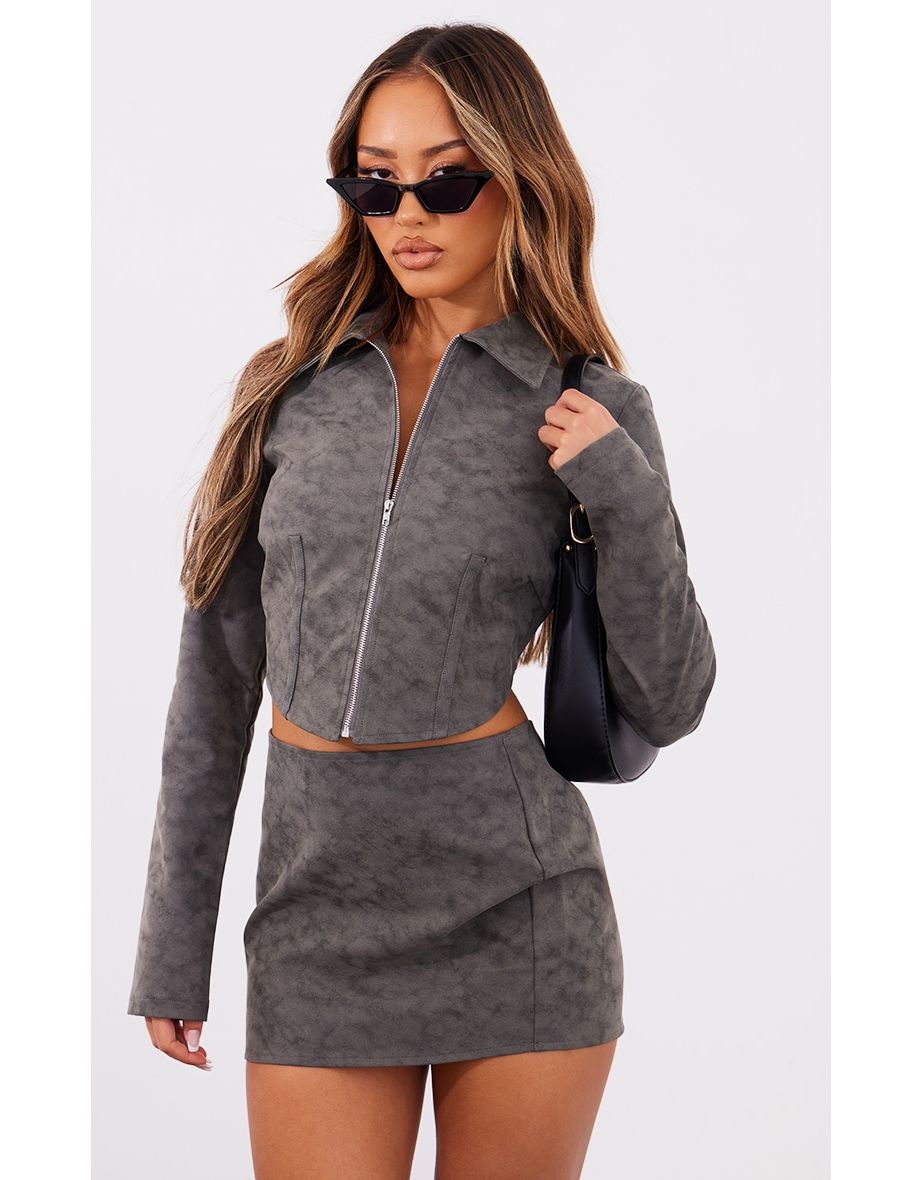 Petite Washed Grey Faux Leather Zip Up Crop Jacket