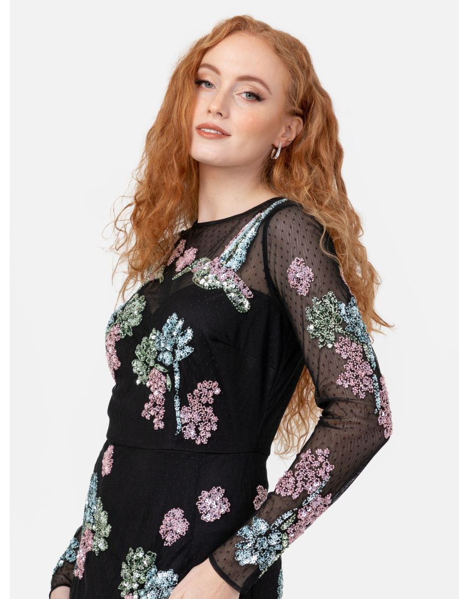 Maya Black Spot Mesh Embellished Long Sleeve Maxi Dress - 6