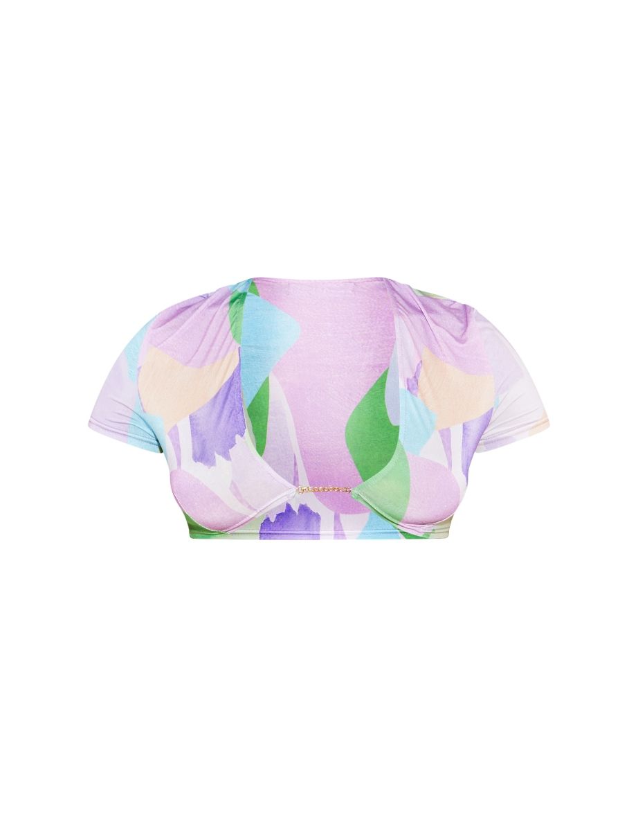 Pastel Lilac Abstract Print Trim Detail Crop Top - 4