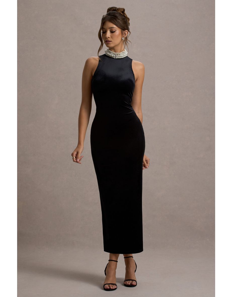 Audrine | Black Velvet Embellished High-Neck Maxi Dress