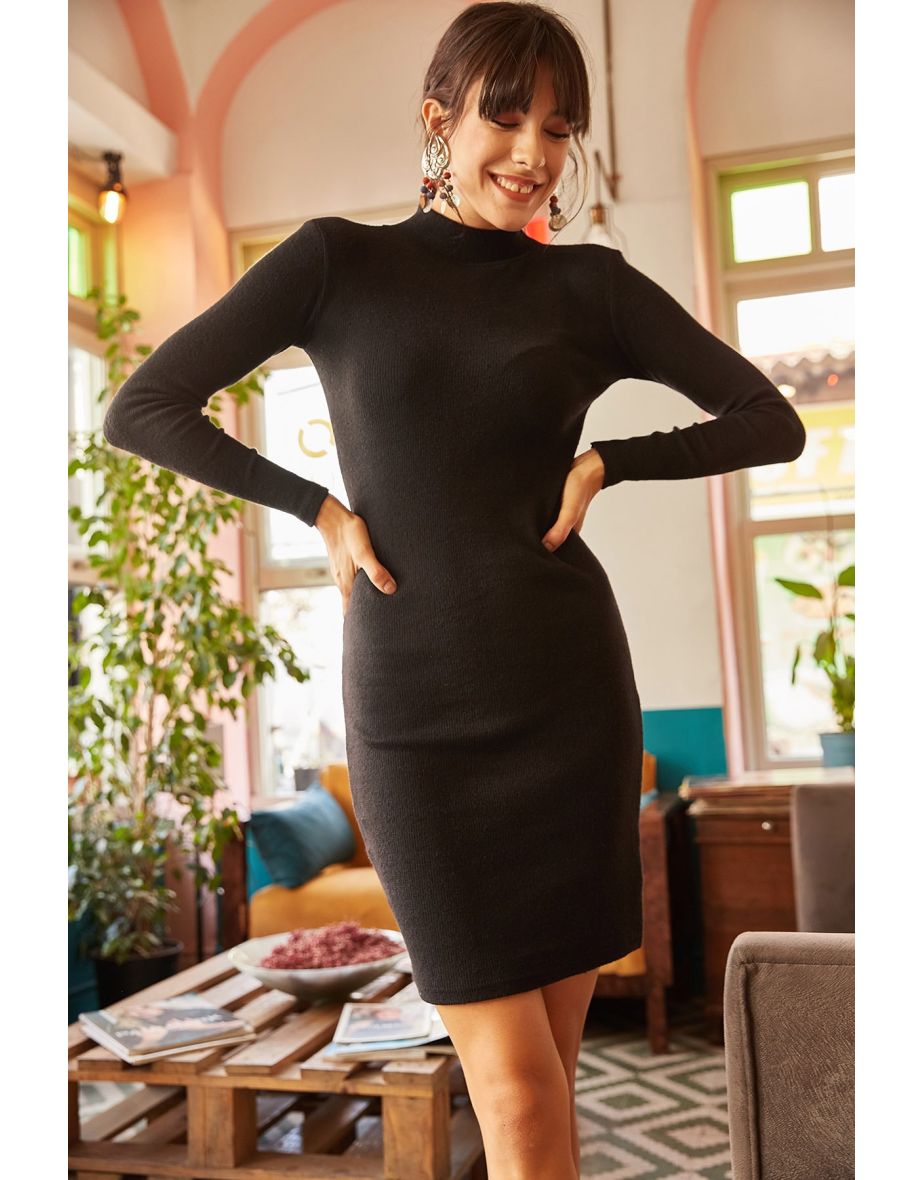 Black Bodycon Mini Dress with Long Sleeves