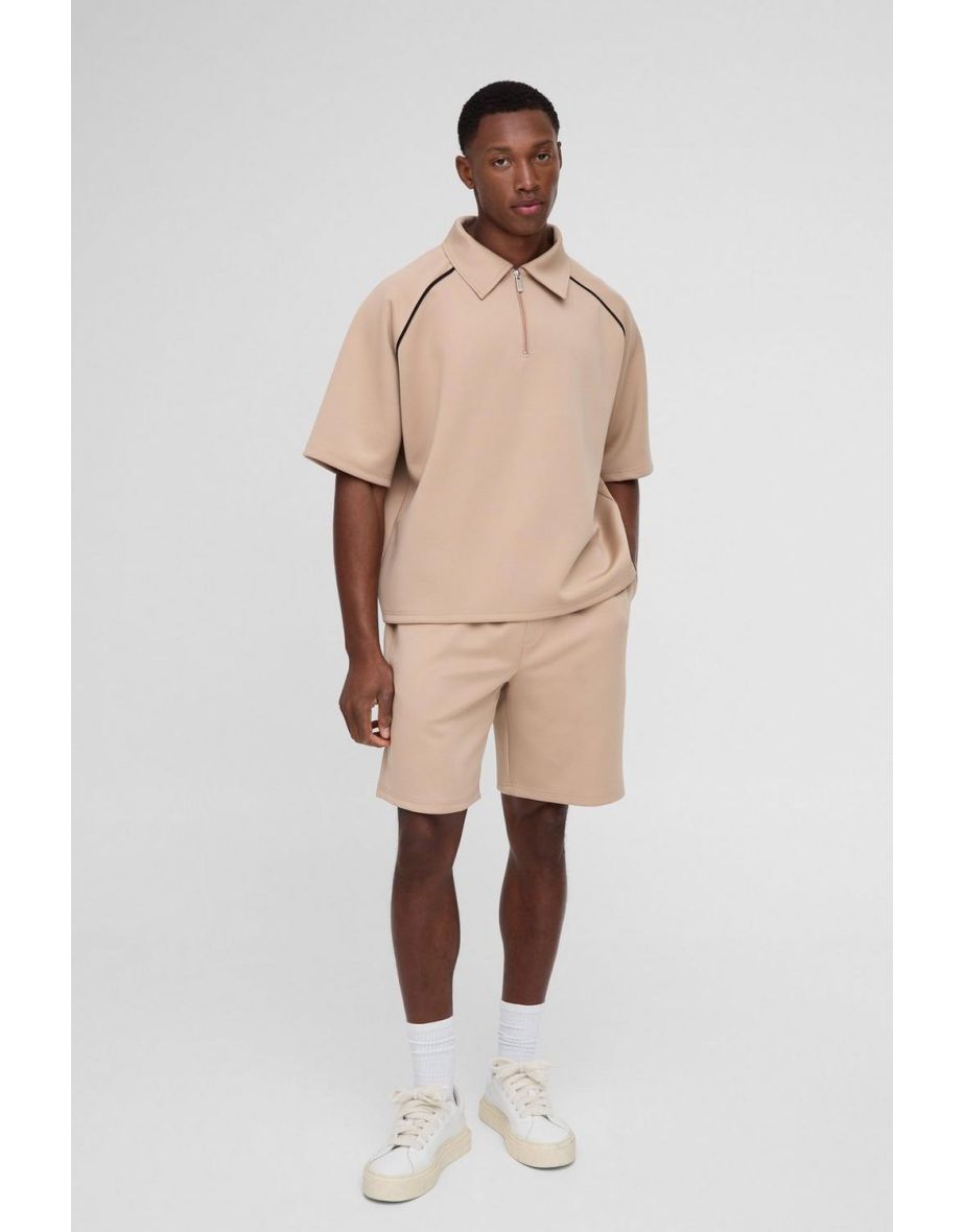 Oversized Boxy Raglan Scuba Polo & Short Set - taupe
