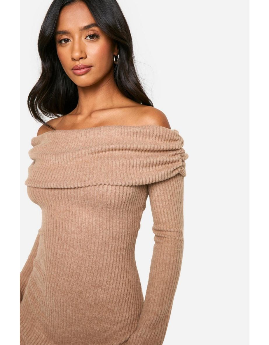 Petite Brushed Rib Foldover Bardot Mini Dress - 3