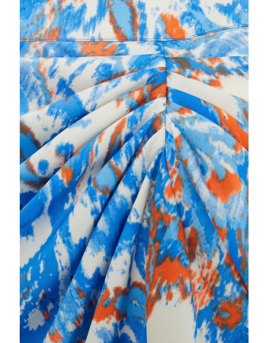 Blue Satin Aztec Print Ruched Midi Skirt - 5