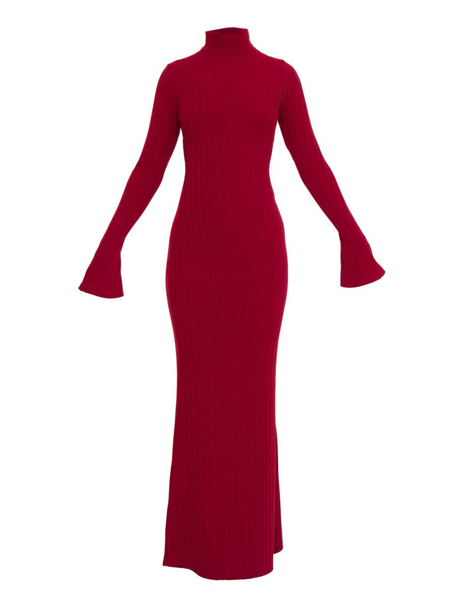 Burgundy Rib High Neck Long Sleeve Dress - 4