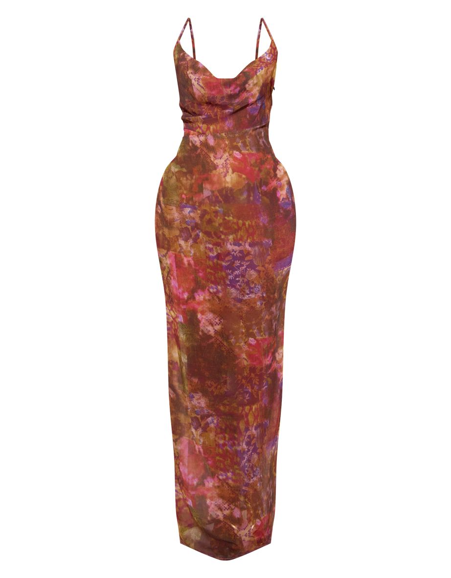 Multi Abstract Floral Print Sheer Chiffon Lace Up Back Maxi Dress - 3