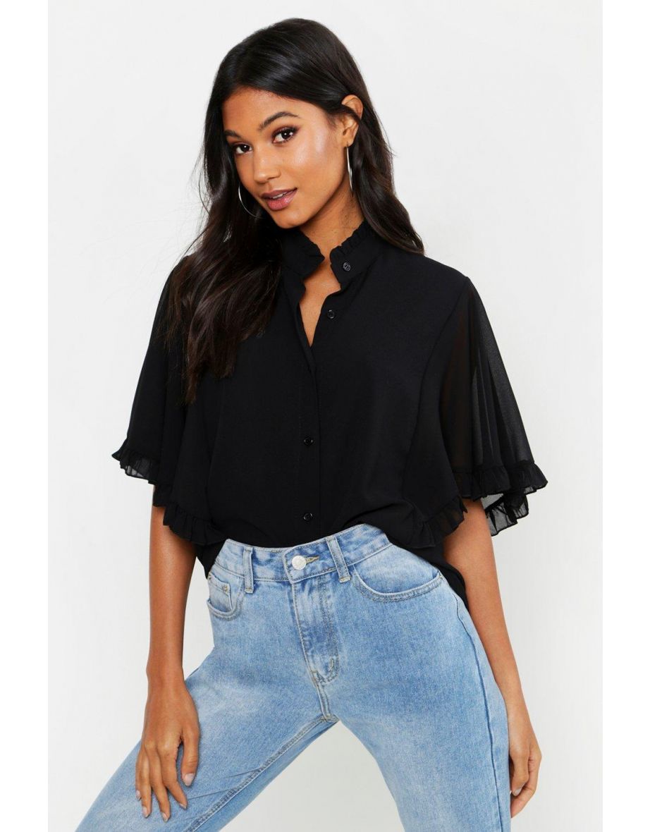 Woven Ruffle angel Sleeve Blouse - black