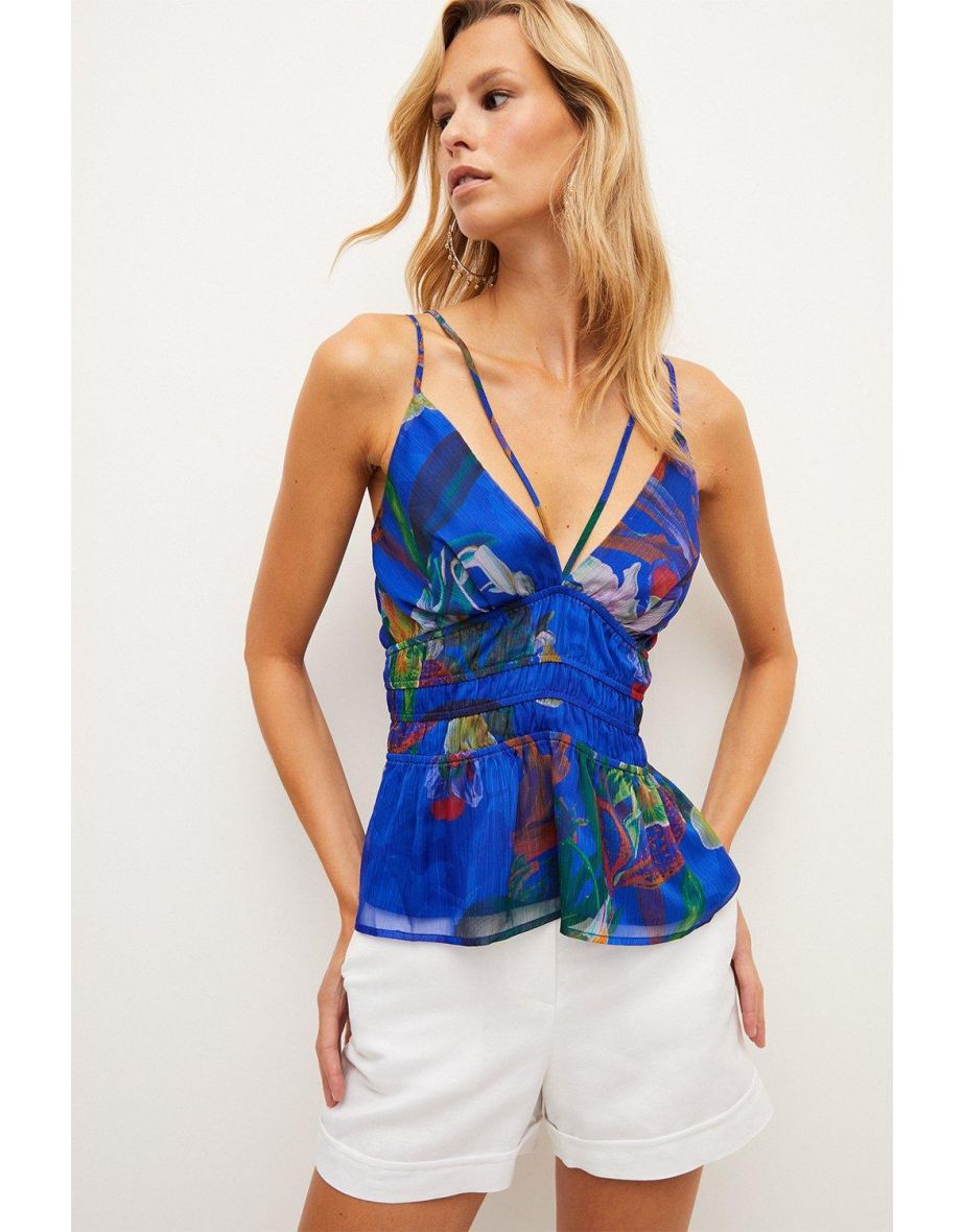 Tropical Strappy Shirred Woven Top