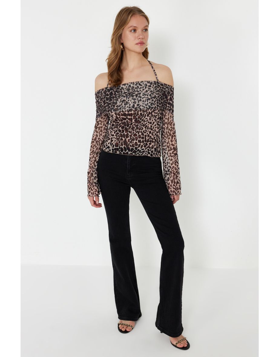 Brown Animal Patterned Flare Sleeve Knitted Blouse with Tie Detail