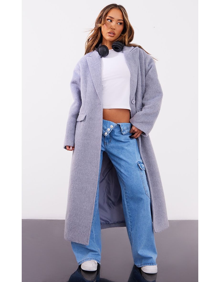 Shop Petite Grey Brushed Wool Look Oversized Drop Shoulder Coat Online in Bahrain VogaCloset