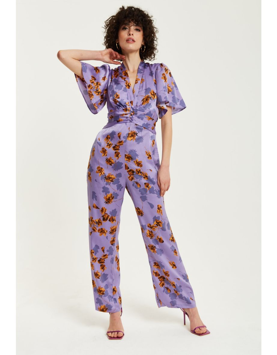 Women's Jumpsuit Purple Floral Wide Leg .