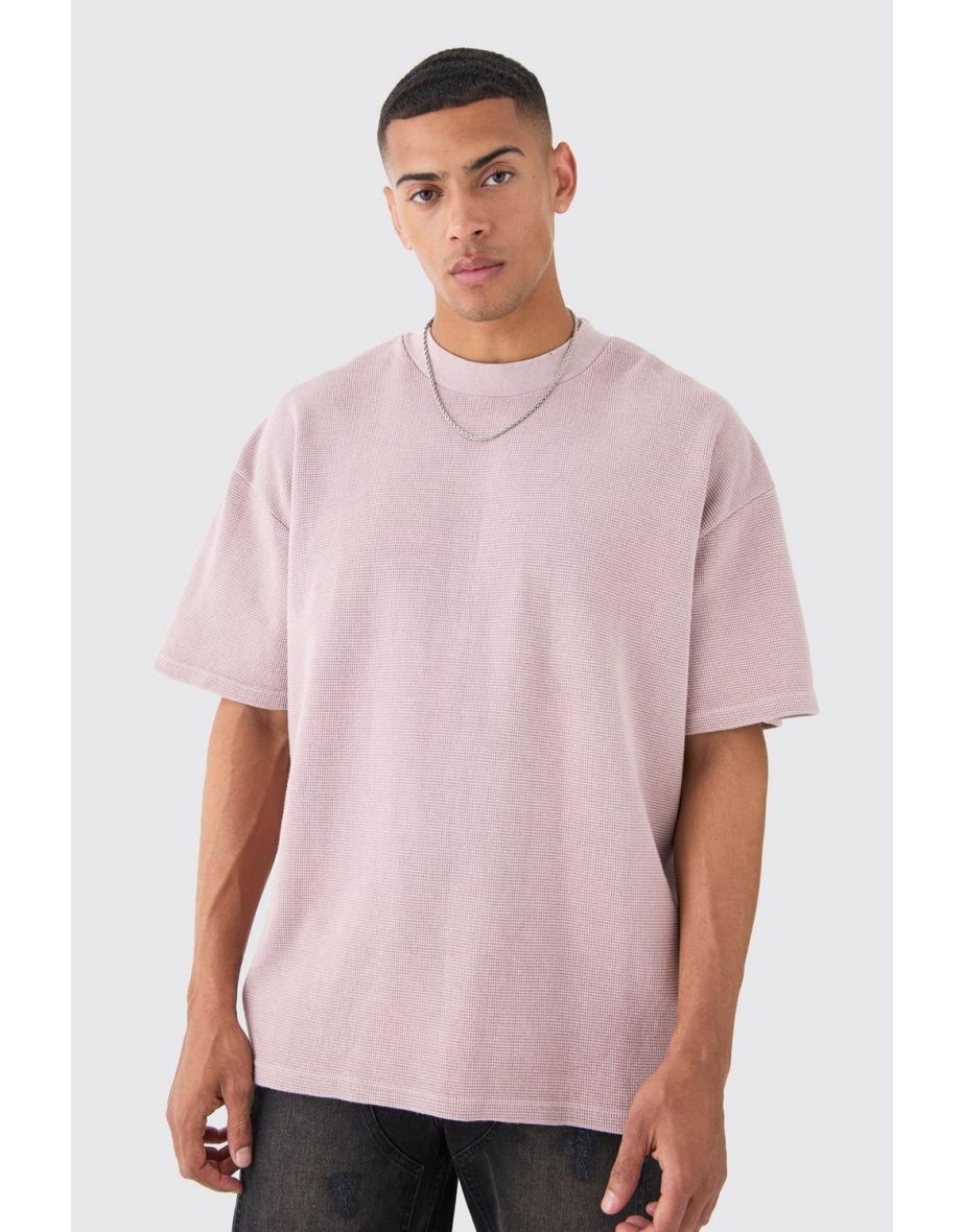 Oversized Washed Heavyweight Waffle T-shirt - pink