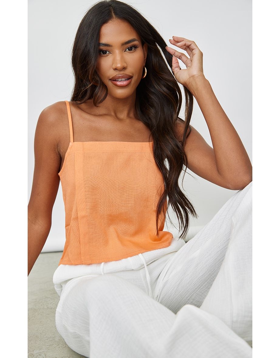 Orange Linen Look Slit Hem Cami Top