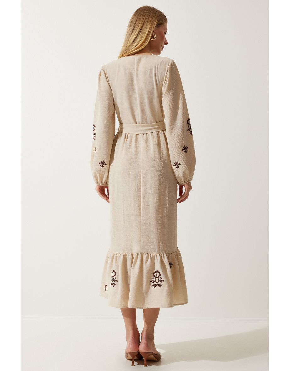 Women's Beige Embroidered Linen Surface Long Woven Dress - 8