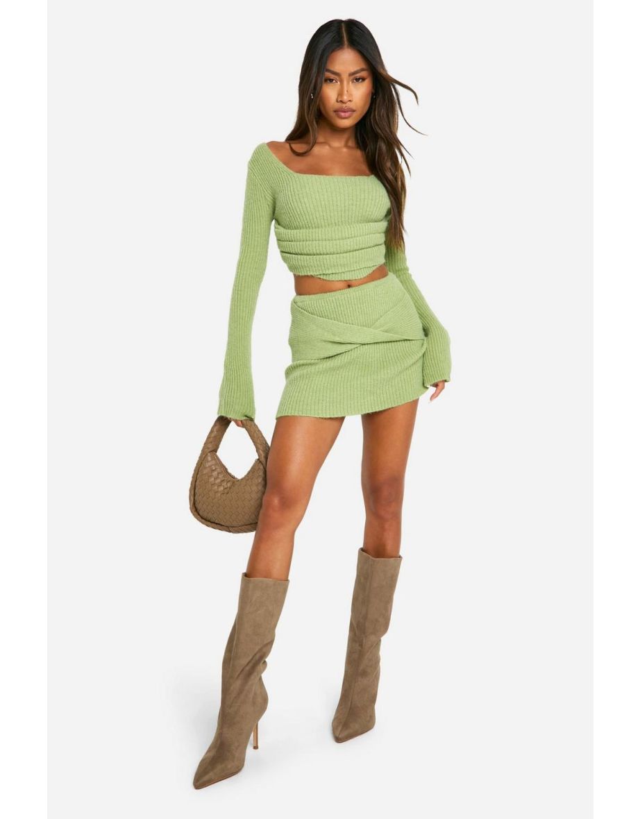 Rib Knit Corset Detail Top & Mini Skirt Co-ord - lime