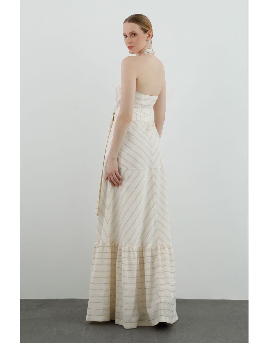 Beige Dress with Back Decolletage and Belt - 3