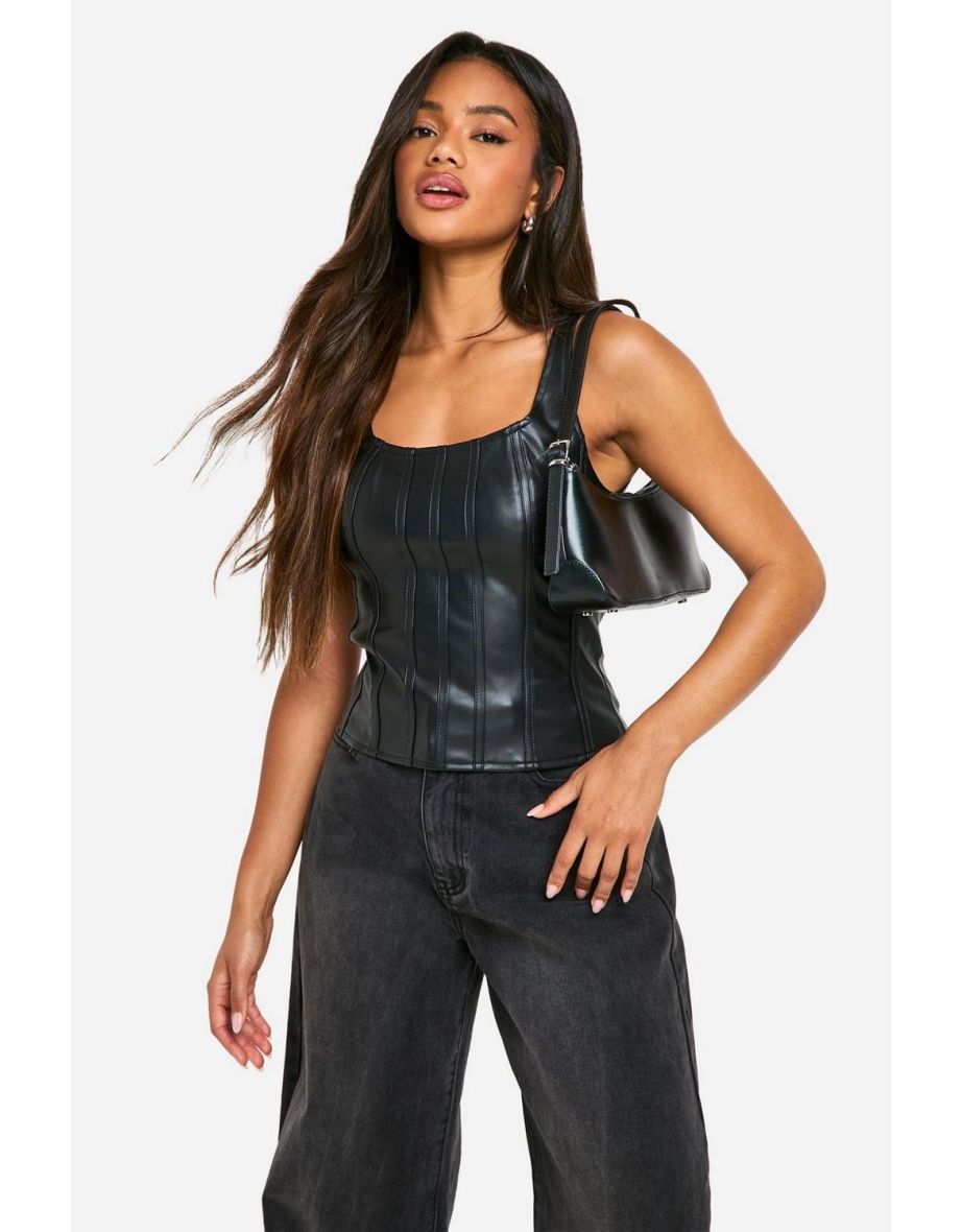 Faux Leather Zip Through Square Neck Corset - black