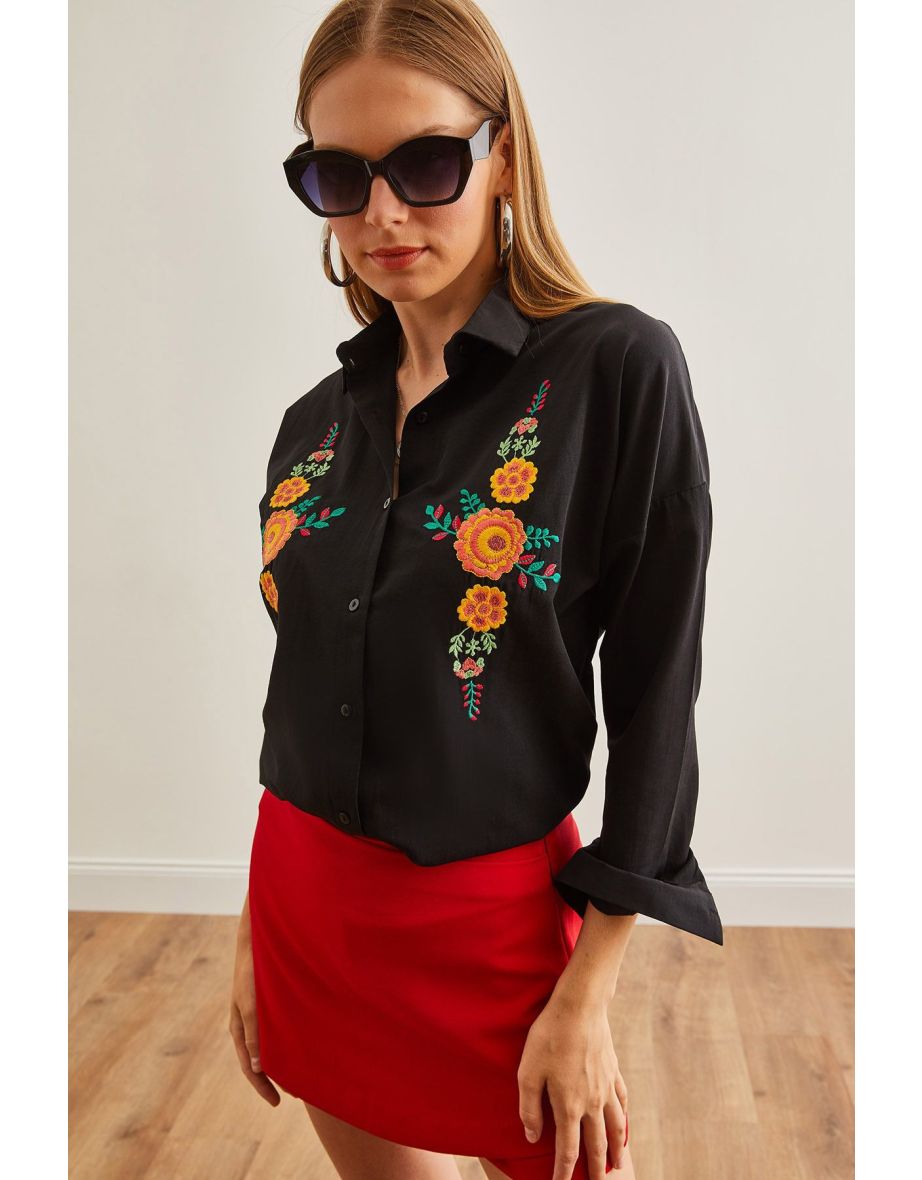 Women's Orange Floral Black Embroidery Detailed Oversize Woven Shirt