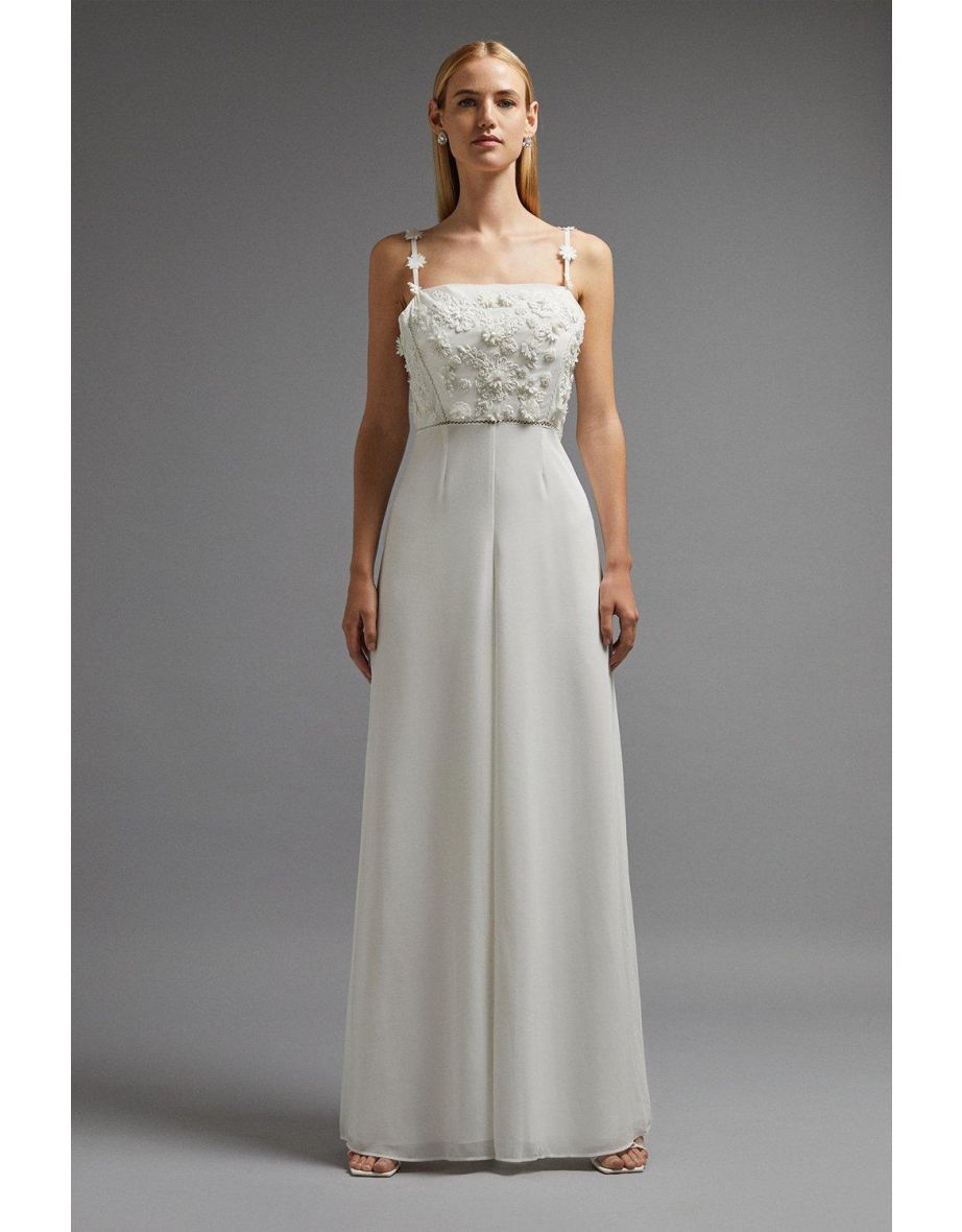 Embroidered Bodice Flower Strap Jumpsuit