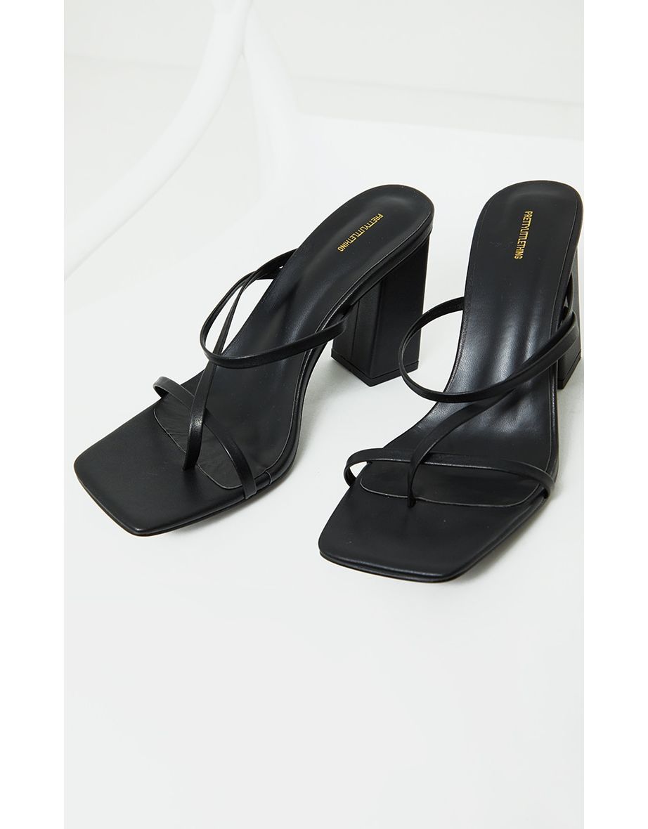 Black PU Toe Loop Strappy Block Heeled Mules - 3