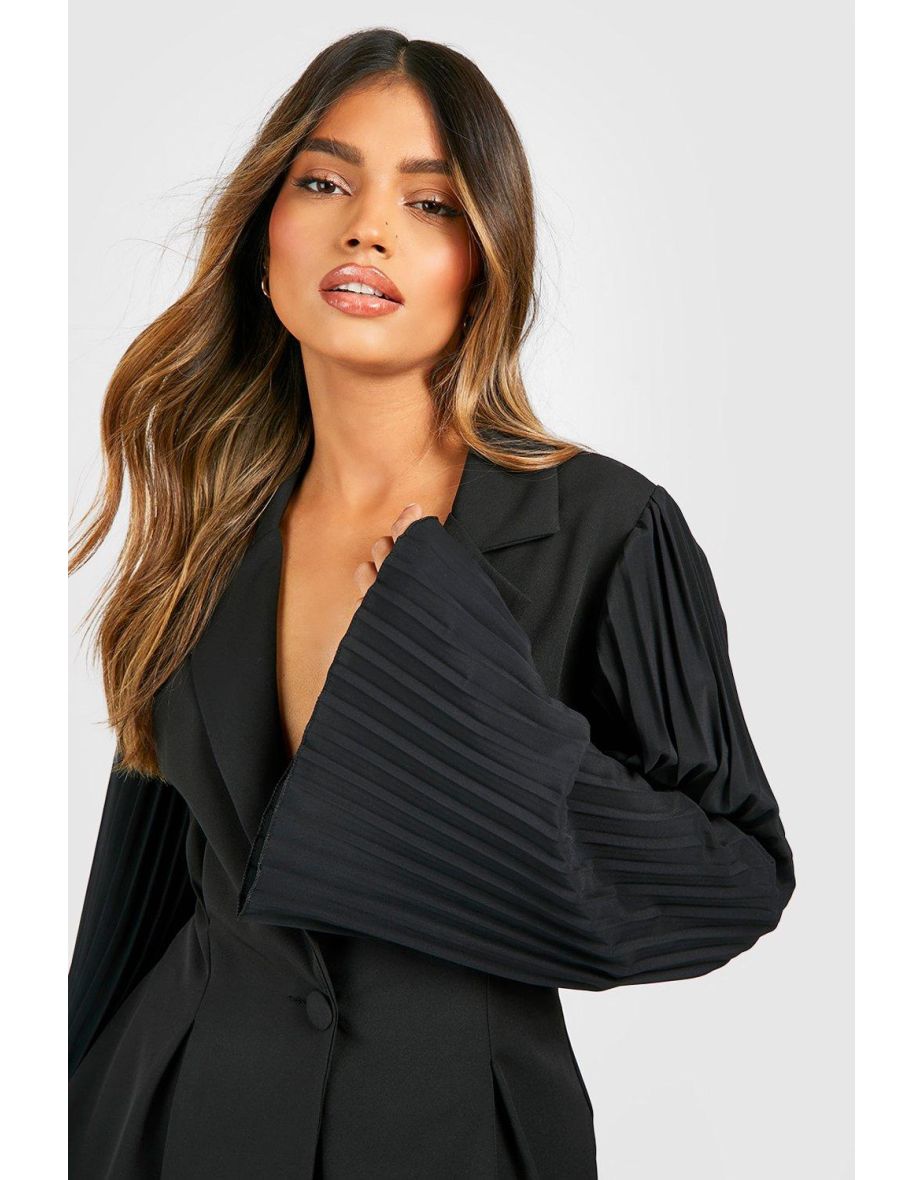 Pleated Flared Sleeve Tailored Blazer - black - 3