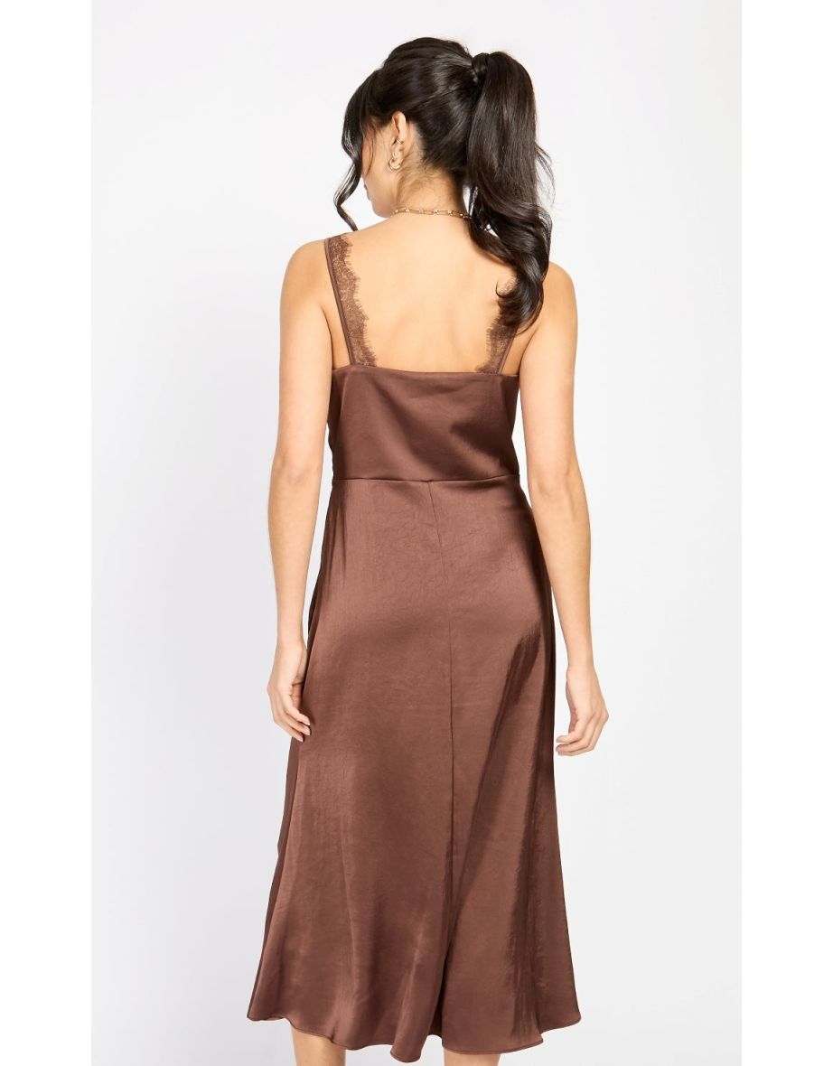 Chocolate Lace Trim Satin Midi Dress by Chloe Lewis - 3