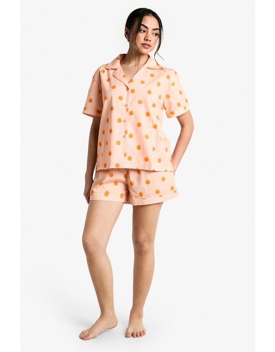 Cotton Poplin Orange Printed Poplin Short Sleeve Pyjama Short Set