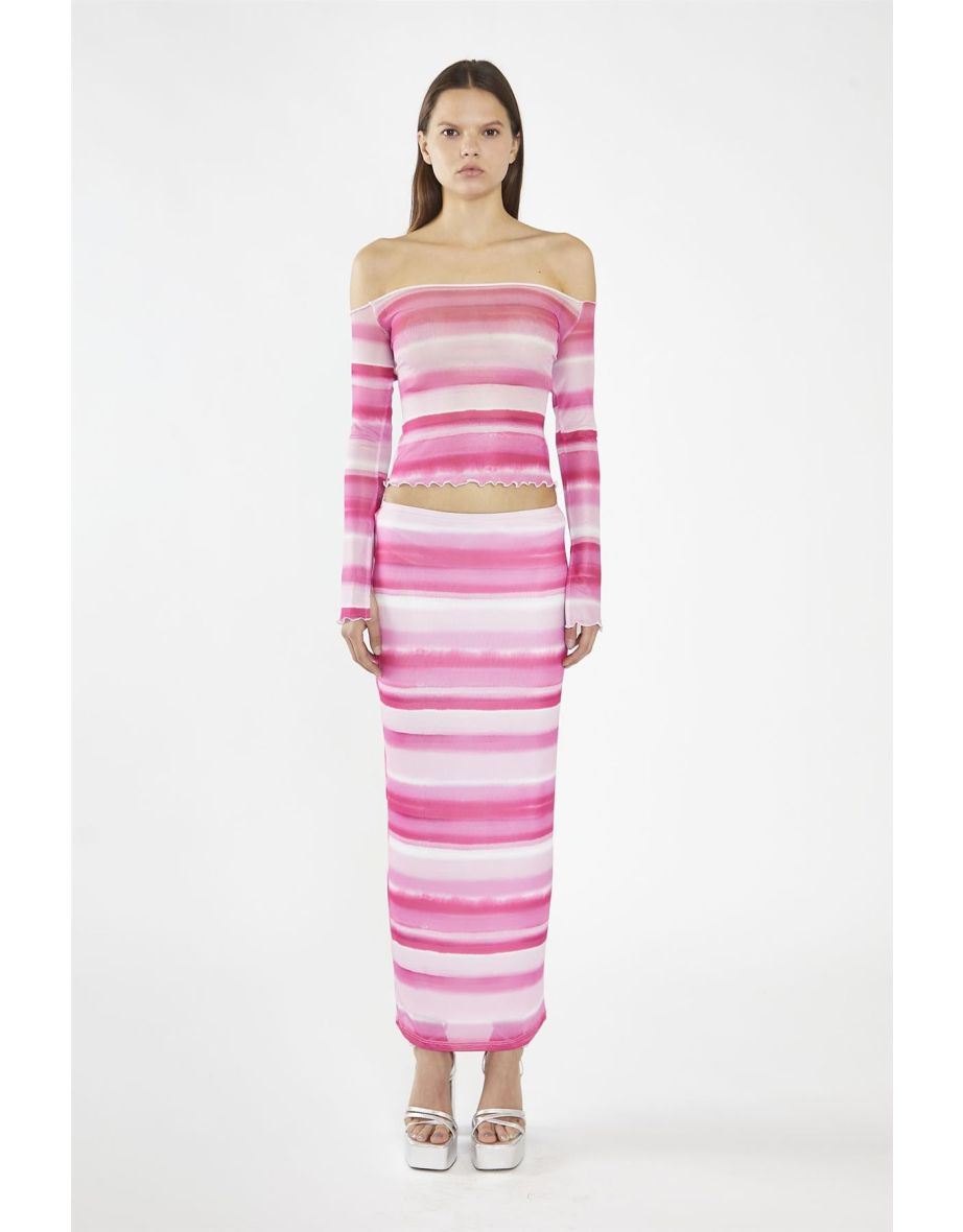 Pink Ombre-Stripe Mesh Column Maxi-Skirt