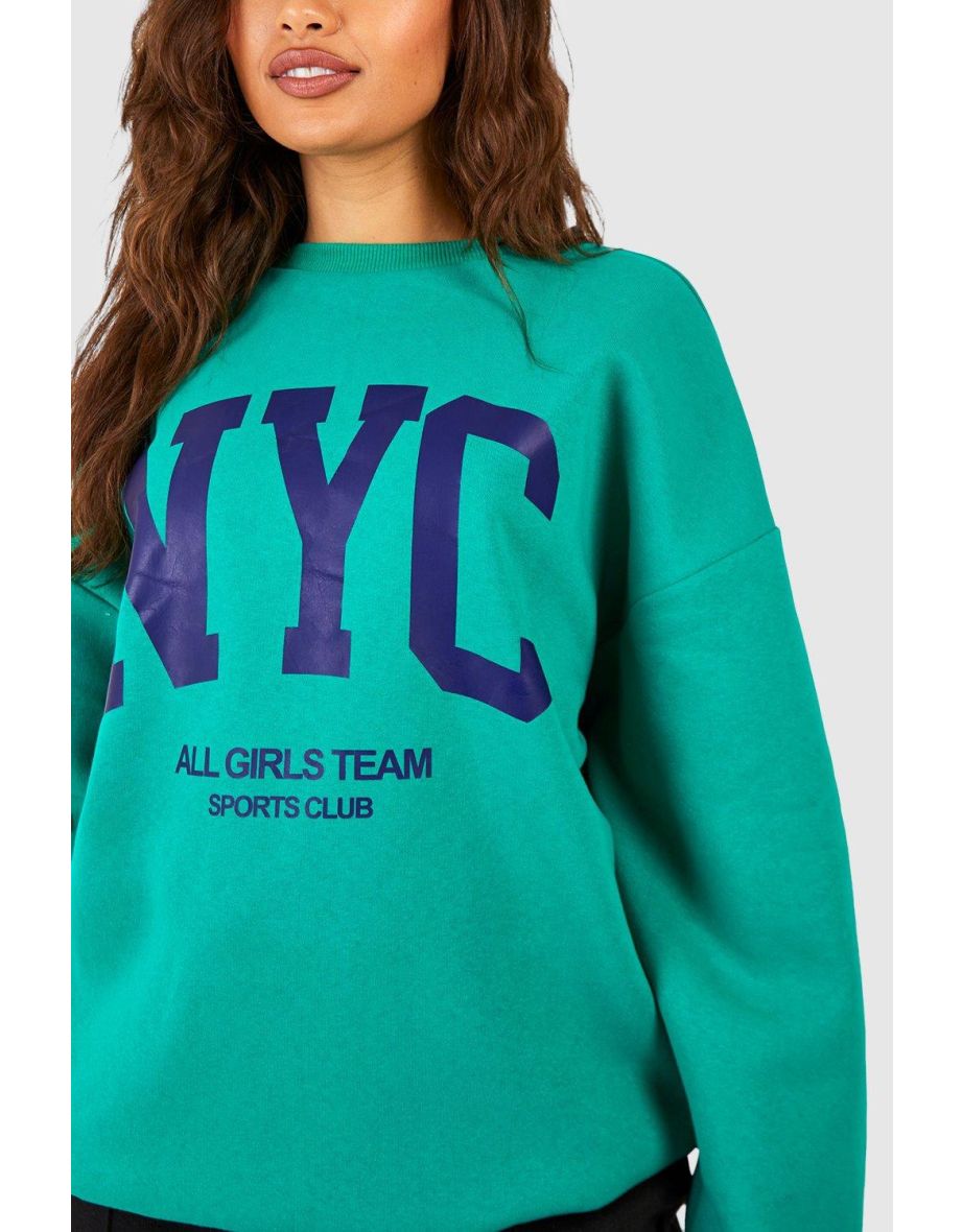 Nyc Slogan Half Zip Oversized Sweatshirt - green - 3