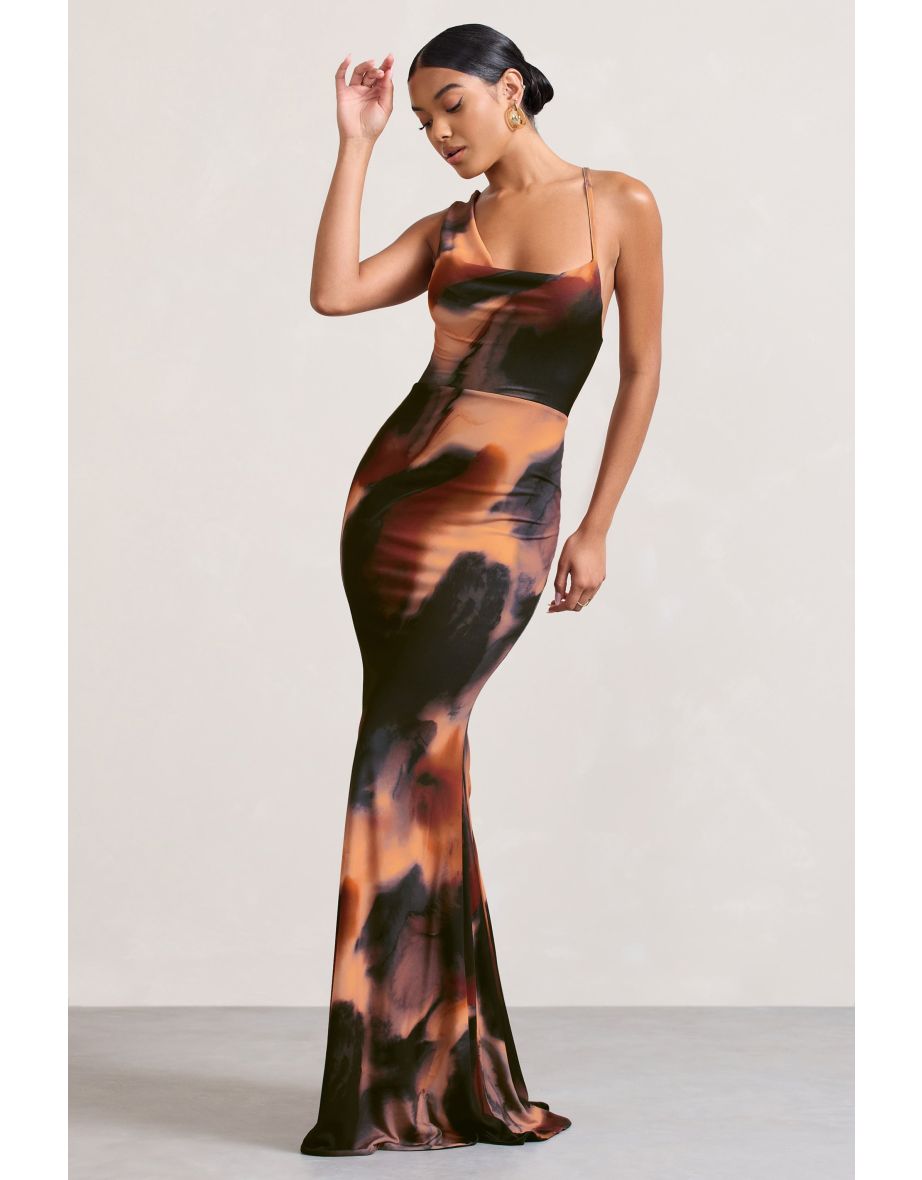 Phantasy |  Burnt Orange Smokey Asymmetric Neckline Cowl Maxi Dress - 4